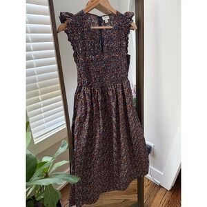 J.Crew Floral Print Dress Smocked Ruffle Sleeves Casual Sundress XS Navy MIDI